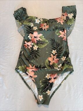 Kona Sol Green Floral One-Piece Swimsuit with Pink Hibiscus